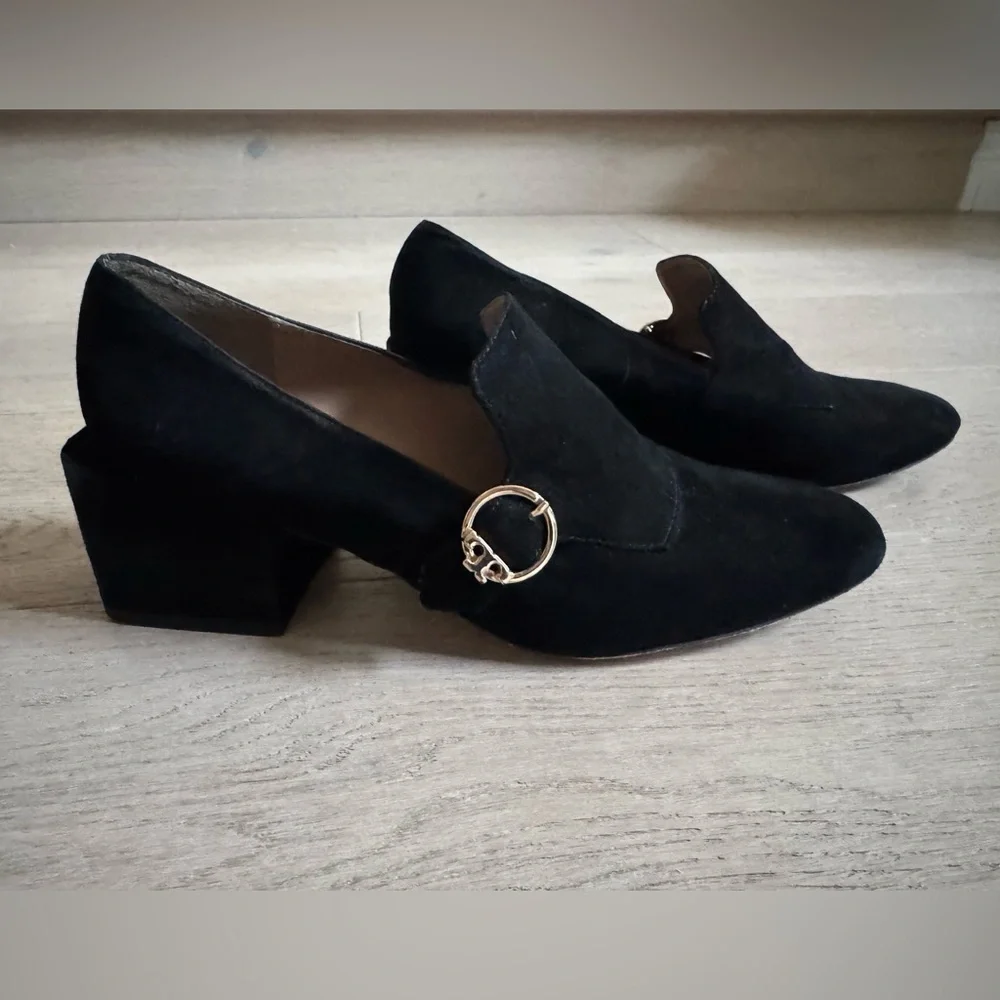 Tory Burch Women's Black Suede Tess Block-Heel Loafers Size 9